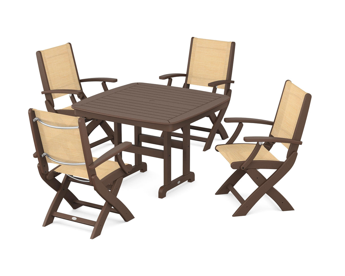 POLYWOOD Coastal Folding Chair 5-Piece Dining Set with Nautical 44" Dining Table in Mahogany / Dupioni Apricot