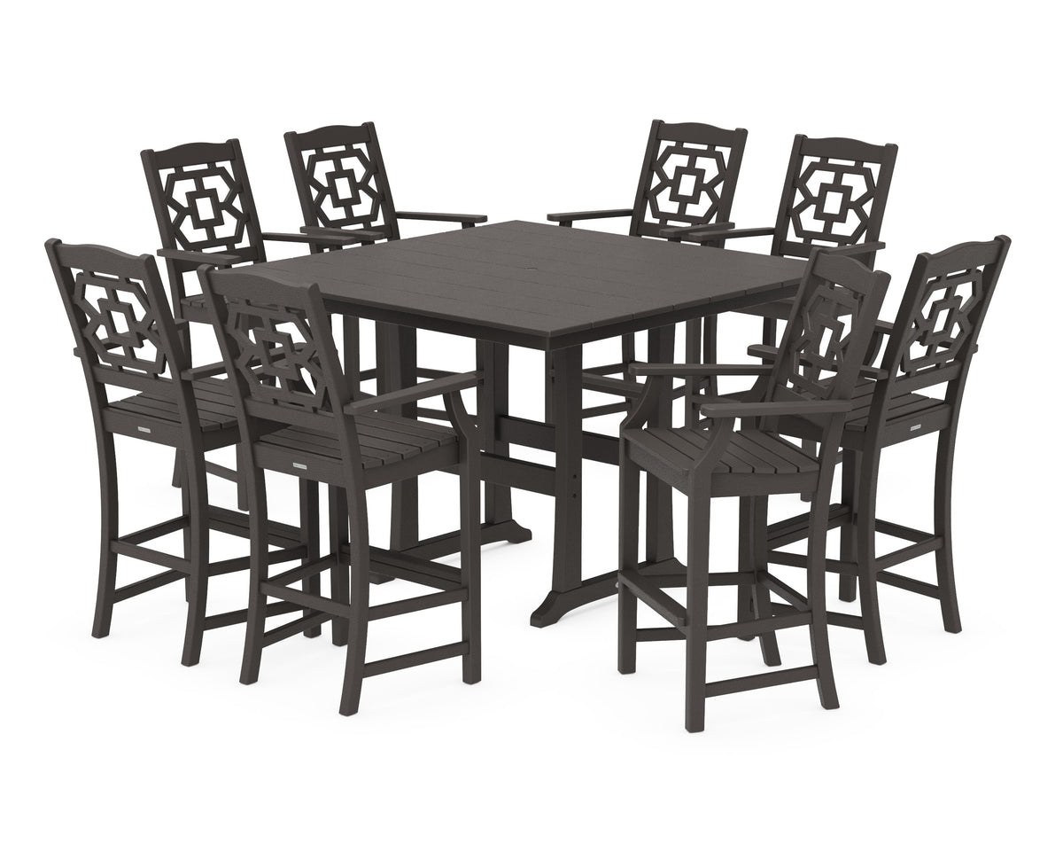 POLYWOOD Chinoiserie 9-Piece Square Farmhouse Side Chair Bar Set with Trestle Legs in Vintage Coffee