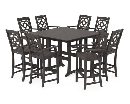 POLYWOOD Chinoiserie 9-Piece Square Farmhouse Side Chair Bar Set with Trestle Legs in Vintage Coffee