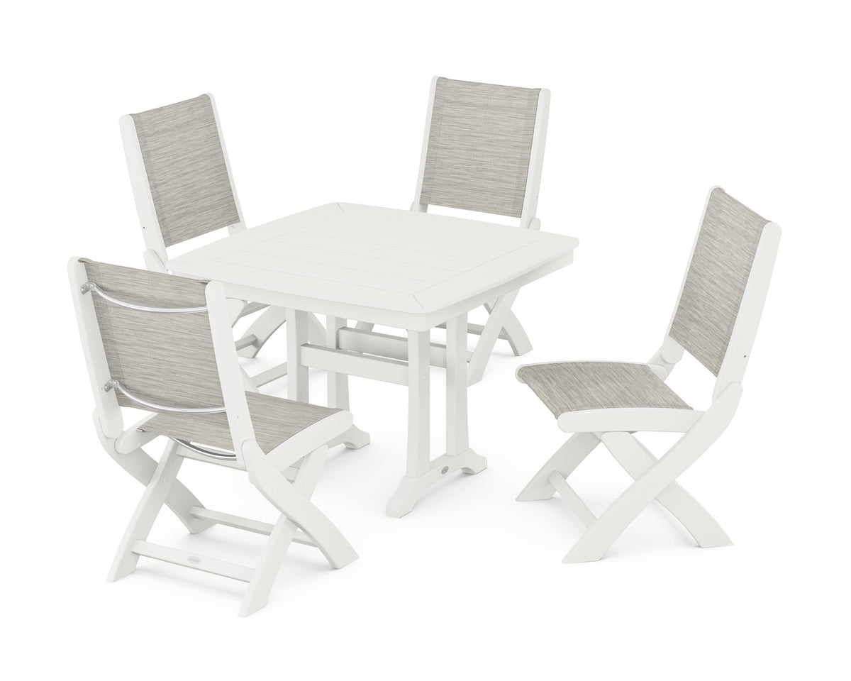 POLYWOOD Coastal Folding Side Chair 5-Piece Dining Set with Trestle Legs in Vintage White / Birch