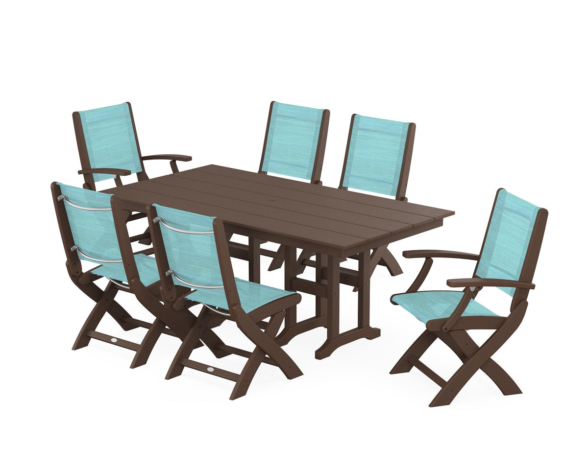POLYWOOD Coastal Folding Chair 7-Piece Farmhouse Dining Set in Mahogany / Dupioni Aquamarine