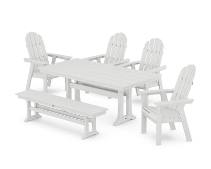POLYWOOD Vineyard Curveback Adirondack Chair 6-Piece Farmhouse Dining Set with Trestle Legs and Bench in White