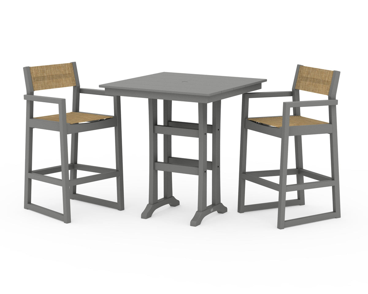 POLYWOOD EDGE Sling Arm Chair 3-Piece Farmhouse Bar Set with Trestle Legs in Slate Grey / Burlap
