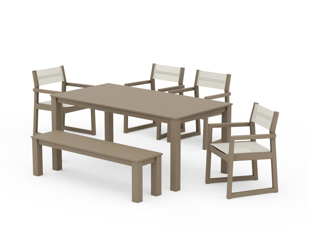 POLYWOOD EDGE Sling Arm Chair 6-Piece Parsons Dining Set with Bench in Vintage Sahara / Parchment