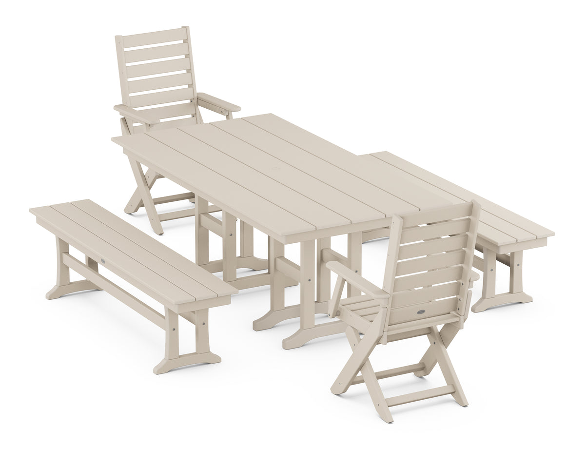 POLYWOOD Captain Folding Chair 5-Piece Farmhouse Dining Set with Benches in Sand