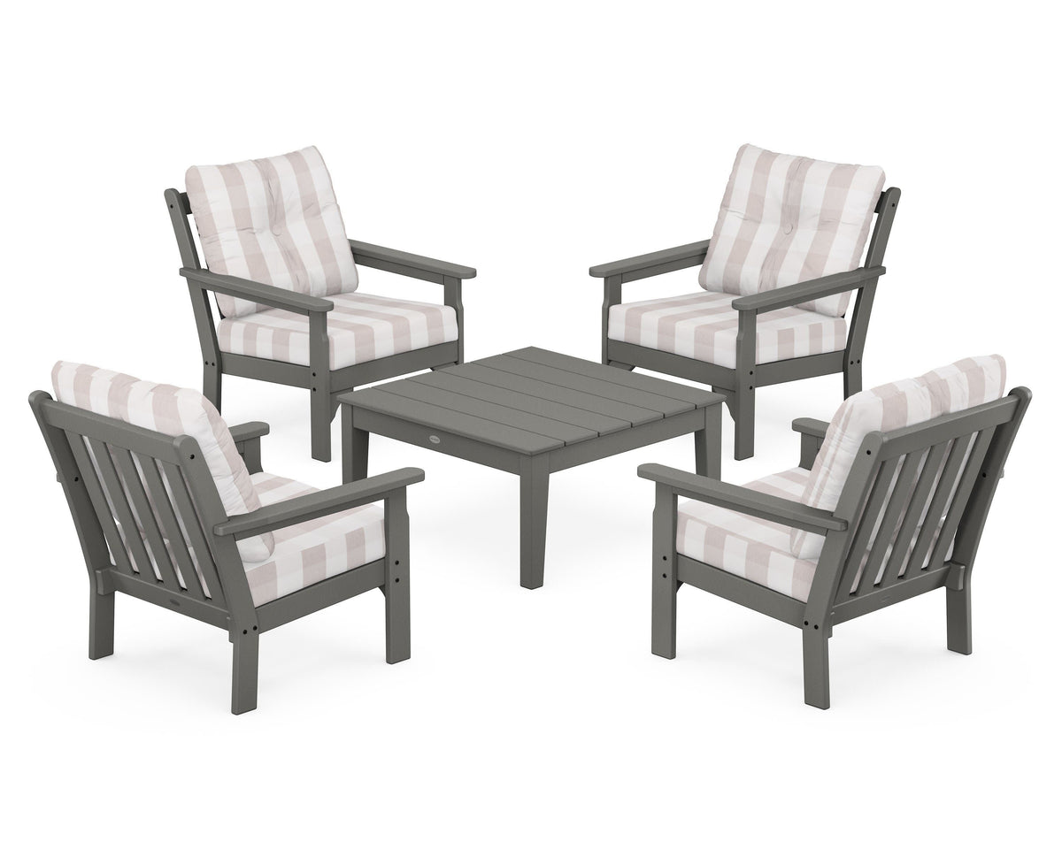 POLYWOOD Vineyard 5-Piece Deep Seating Conversation Set in Slate Grey / Buffalo Plaid Dune Burlap