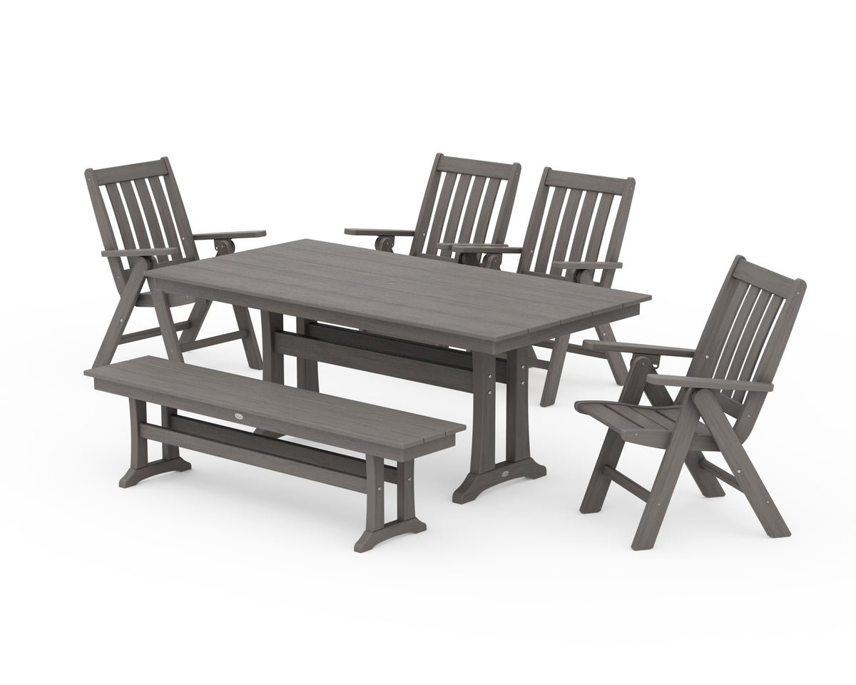 POLYWOOD Vineyard 6-Piece Folding Chair Farmhouse Dining Set with Trestle Legs and Bench in Driftwood