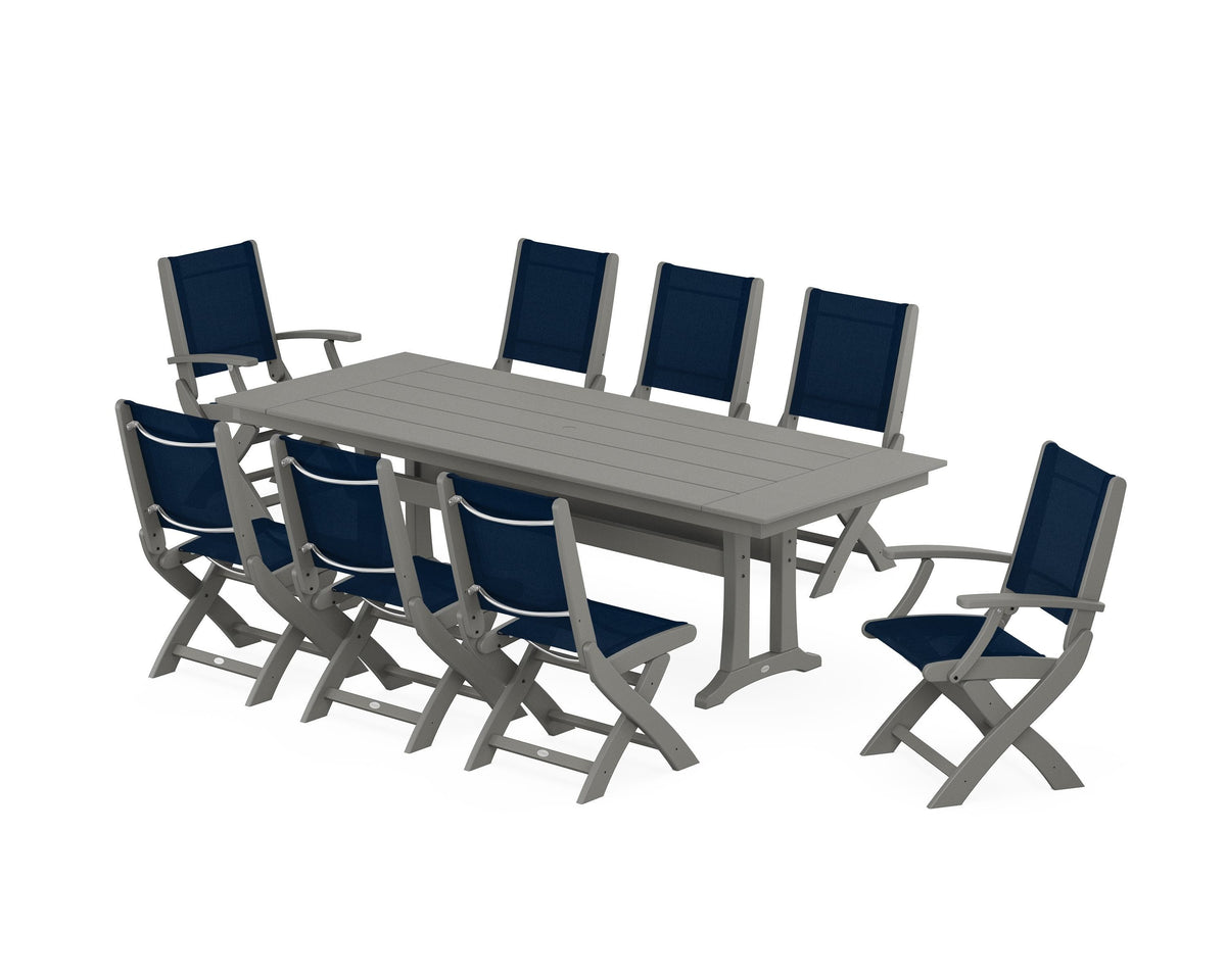 POLYWOOD Coastal 9-Piece Folding Dining Chair Farmhouse Dining Set with Trestle Legs in Slate Grey / Navy Blue