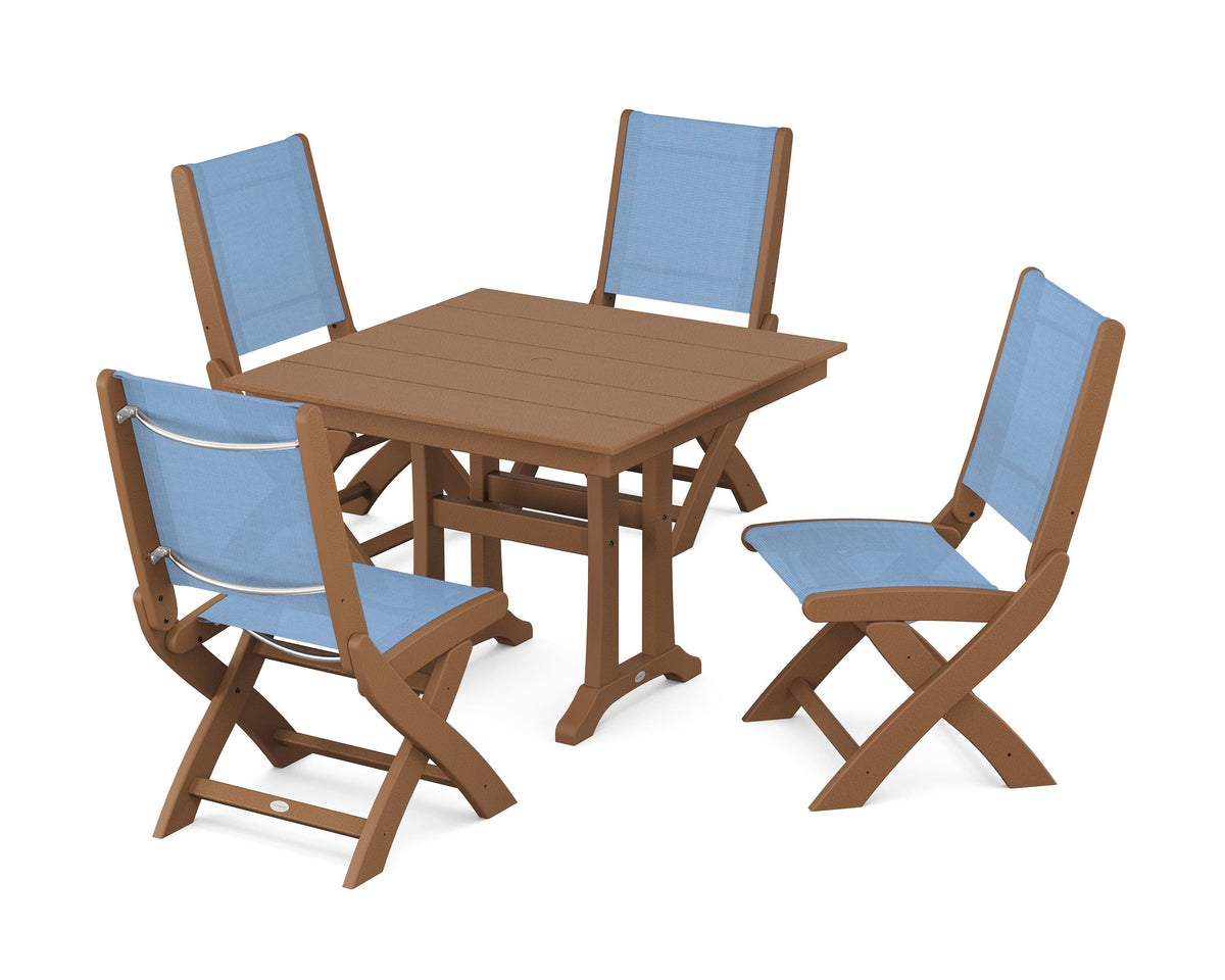 POLYWOOD Coastal Folding Side Chair 5-Piece Farmhouse Dining Set With Trestle Legs in Teak / Poolside