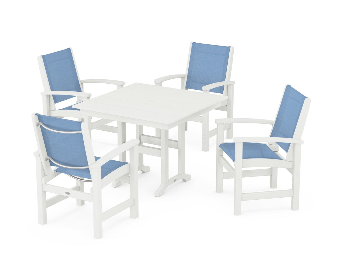 POLYWOOD Coastal 5-Piece Farmhouse Dining Set with Farmhouse 37" Dining Table in Vintage White / Poolside