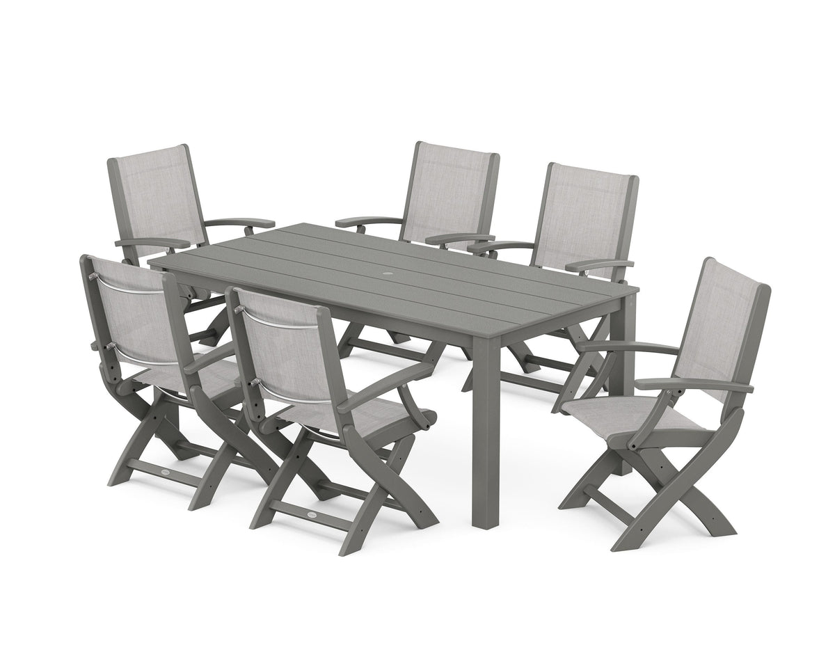 POLYWOOD Coastal Folding Chair 7-Piece Parsons Dining Set in Slate Grey / Black