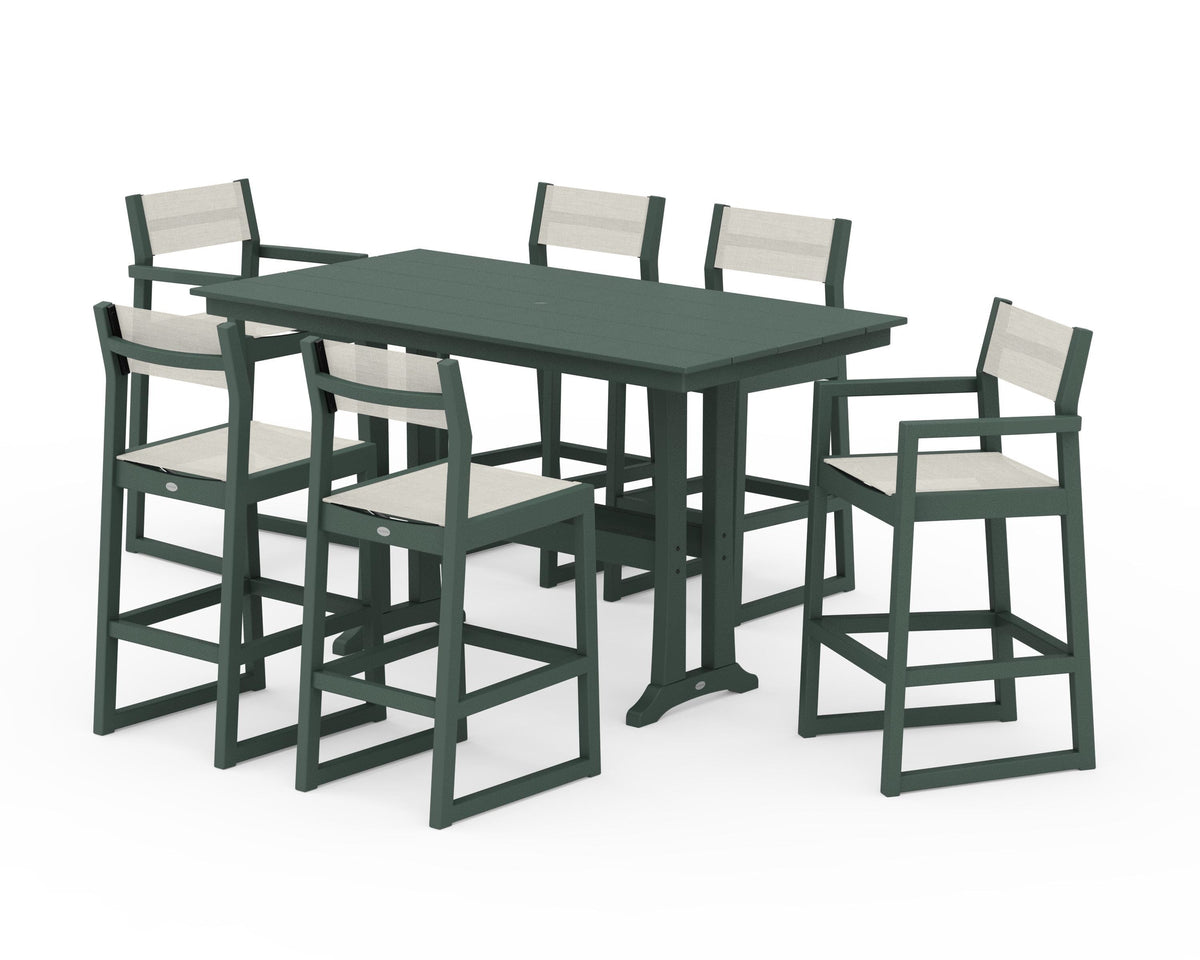 POLYWOOD EDGE Sling 7-Piece Farmhouse Bar Set with Trestle Legs in Green / Parchment