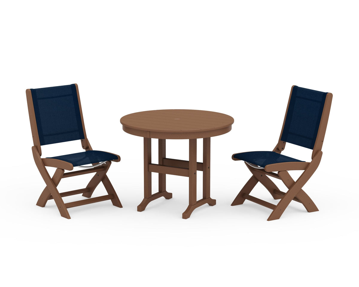 POLYWOOD Coastal Folding Side Chair 3-Piece Round Dining Set in Teak / Navy Blue