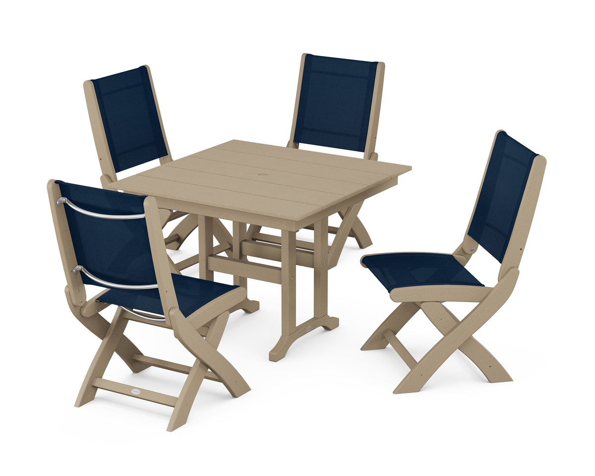POLYWOOD Coastal Folding Side Chair 5-Piece Farmhouse Dining Set in Vintage Sahara / Navy Blue