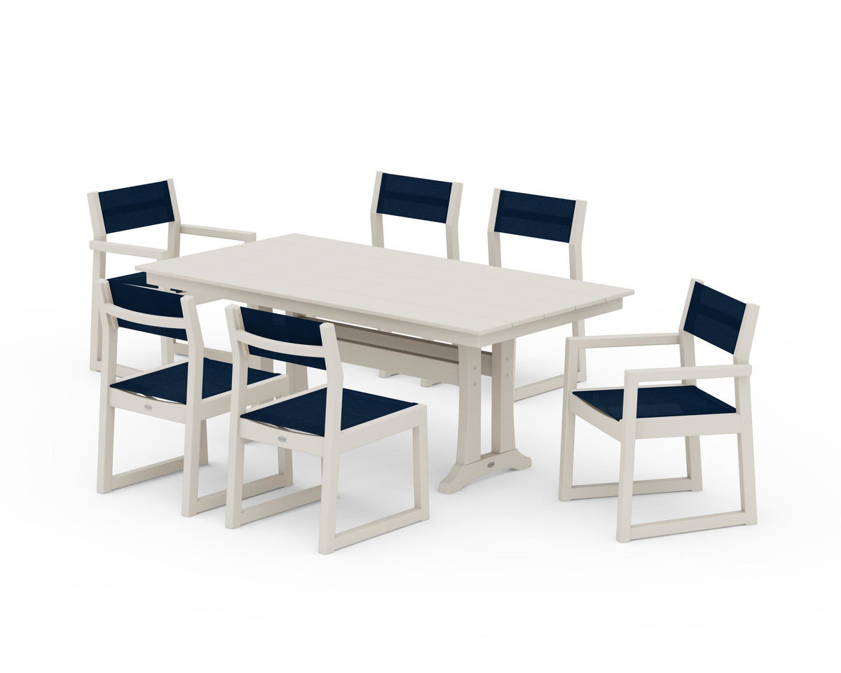 POLYWOOD EDGE Sling 7-Piece Farmhouse Trestle Dining Set in Sand / Navy Blue
