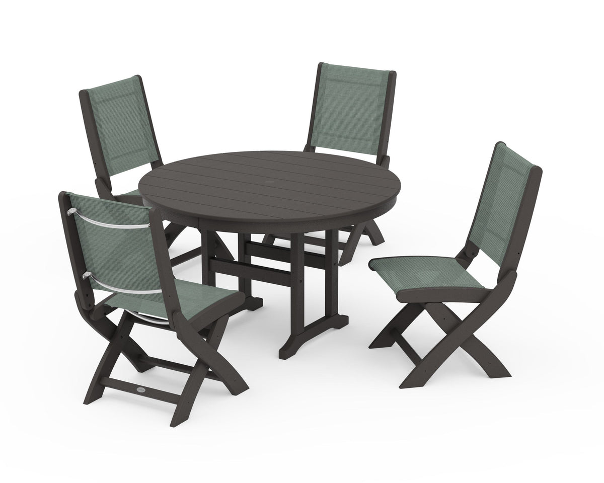 POLYWOOD Coastal Folding Side Chair 5-Piece Round Dining Set in Vintage Coffee / Dupioni Sea Mist