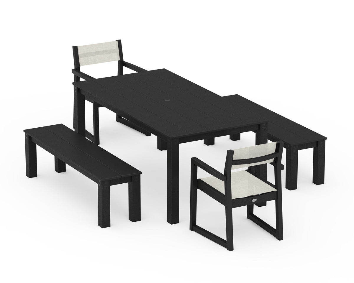 POLYWOOD EDGE Sling Arm Chair 5-Piece Parsons Dining Set with Benches in Black / Parchment