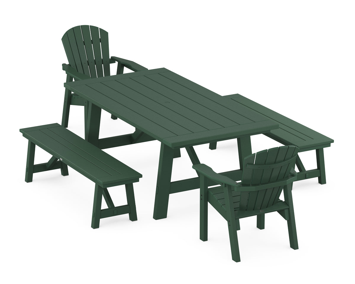 POLYWOOD Seashell 5-Piece Rustic Farmhouse Dining Set with Benches in Green