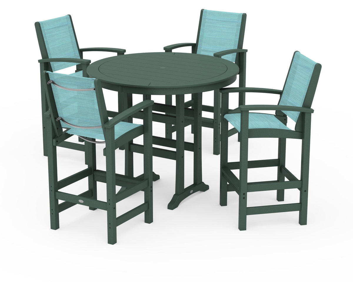 POLYWOOD Coastal 5-Piece Nautical Trestle Bar Set in Green / Dupioni Aquamarine