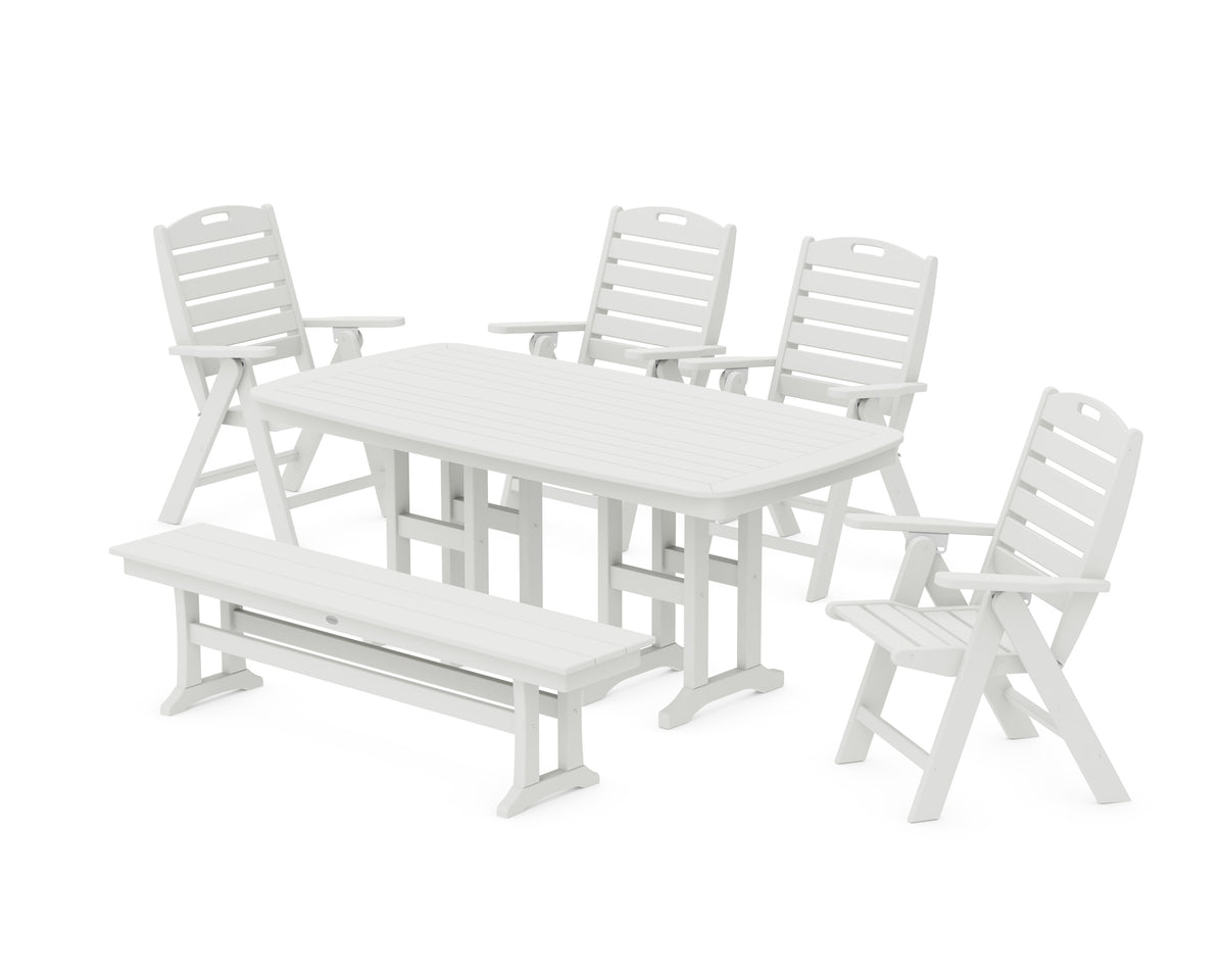 POLYWOOD Nautical Highback 6-Piece Dining Set with Bench in Vintage White