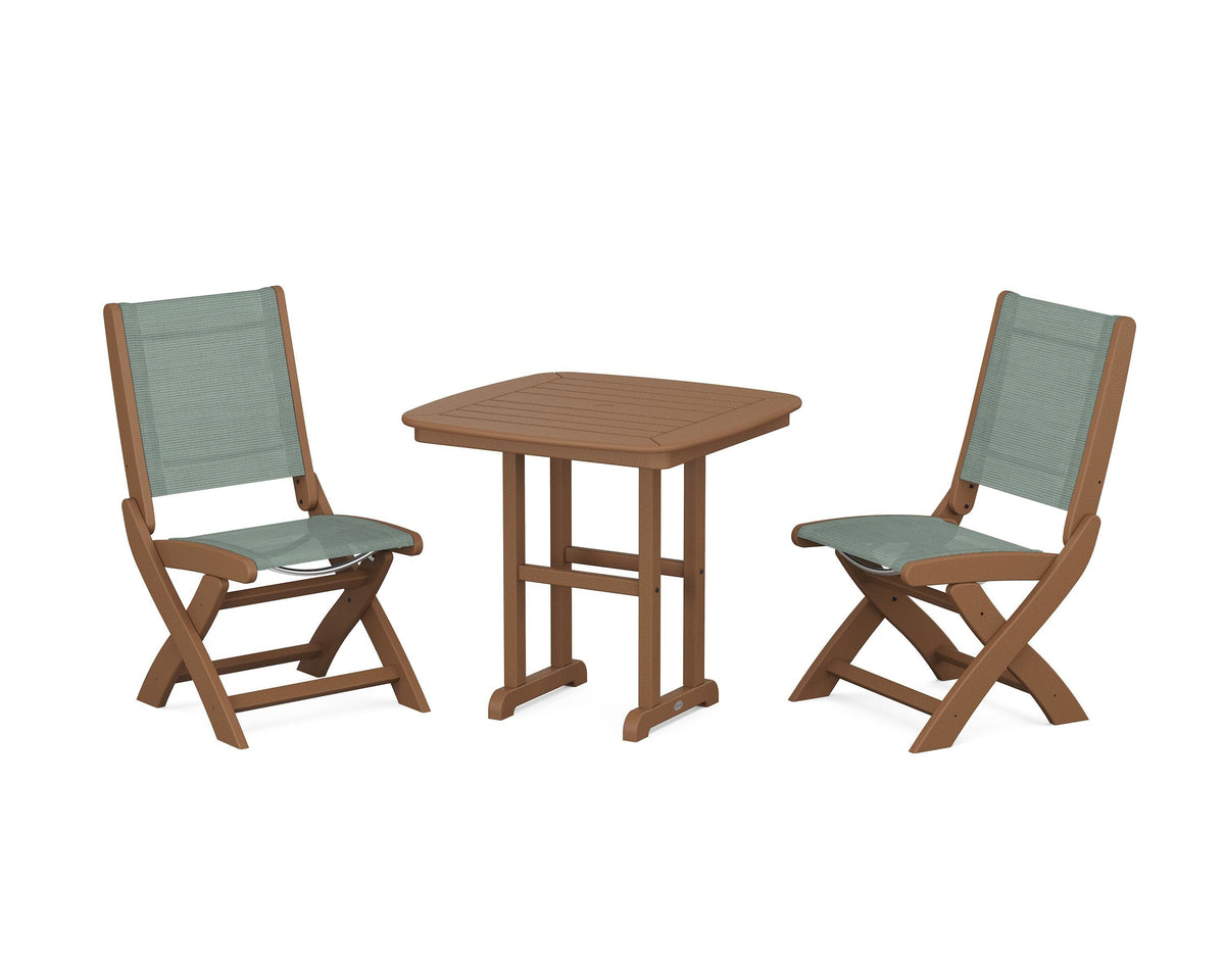 POLYWOOD Coastal Folding Side Chair 3-Piece Dining Set in Teak / Dupioni Sea Mist
