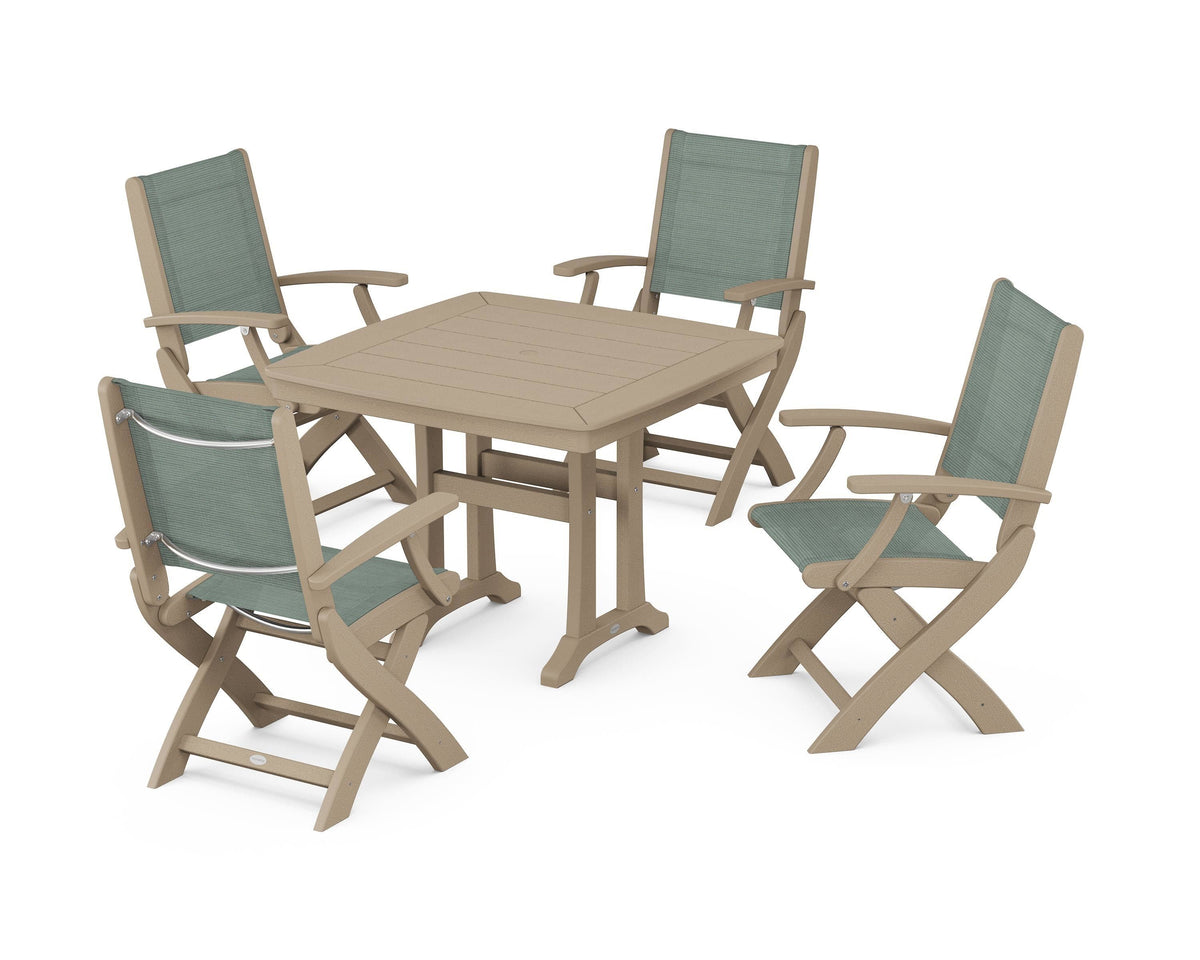 POLYWOOD Coastal Folding Chair 5-Piece Dining Set with Trestle Legs in Vintage Sahara / Dupioni Sea Mist