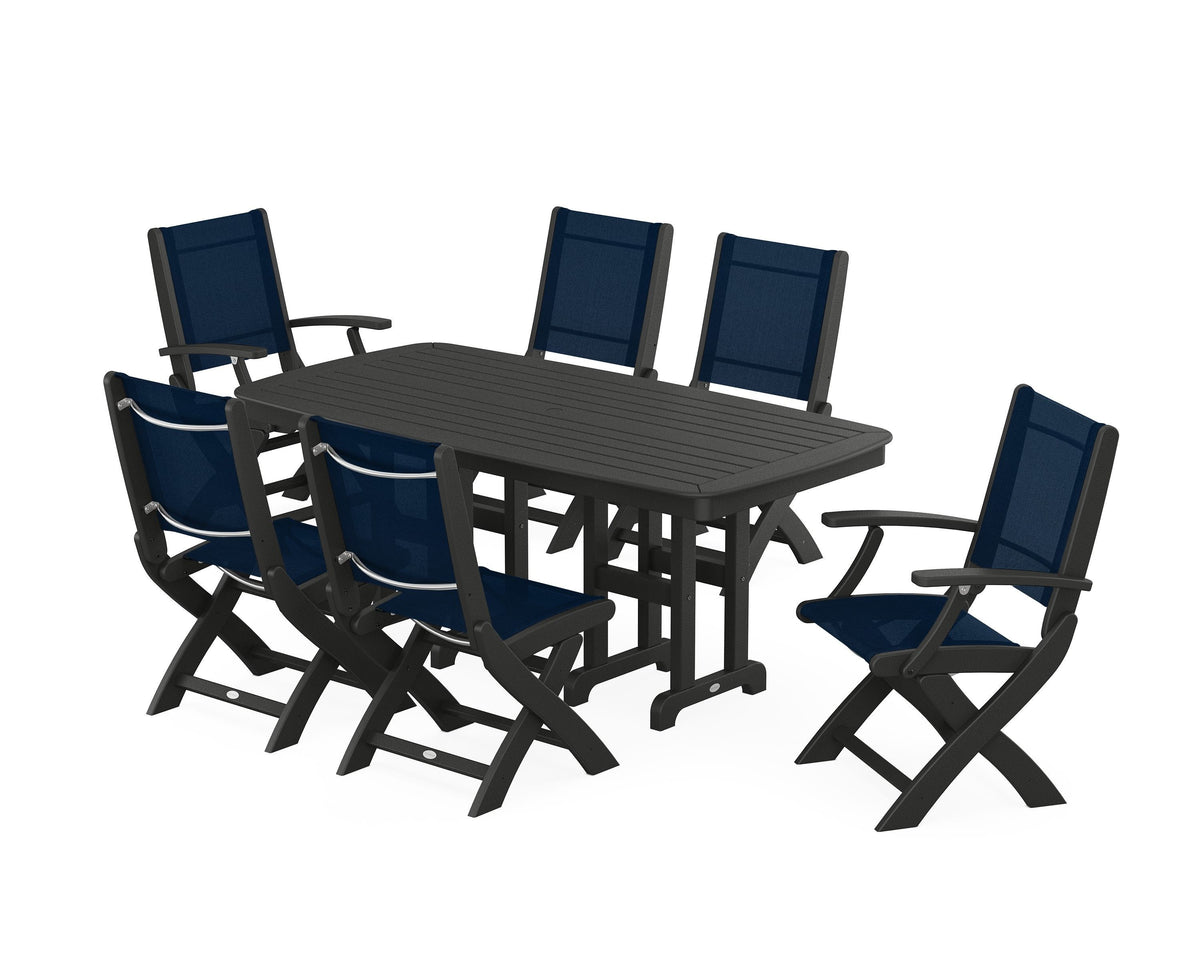 POLYWOOD Coastal Folding Chair 7-Piece Dining Set in Black / Navy Blue