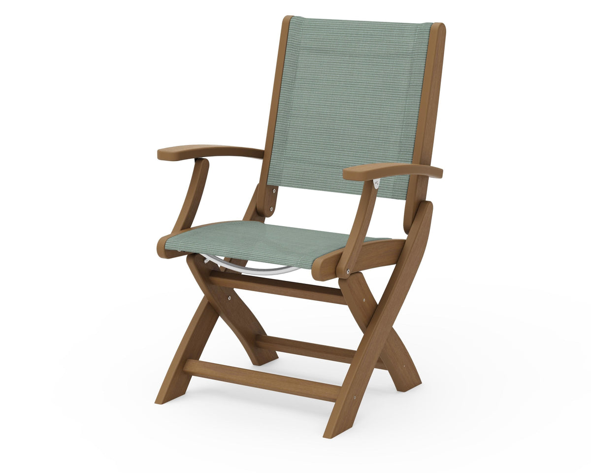 POLYWOOD Coastal Folding Chair in Natural with Natural arms and Dupioni Sea Mist sling