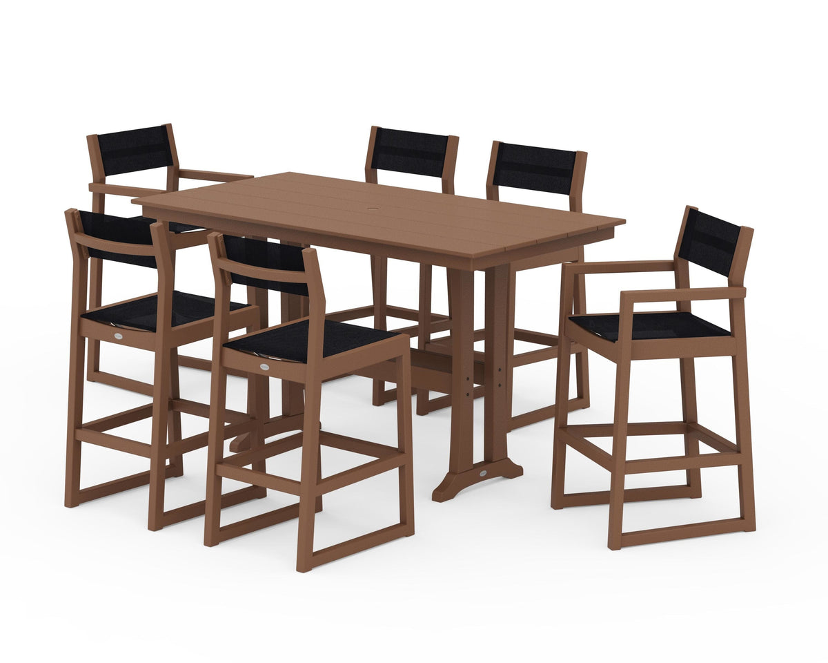 POLYWOOD EDGE Sling 7-Piece Farmhouse Bar Set with Trestle Legs in Teak / Black