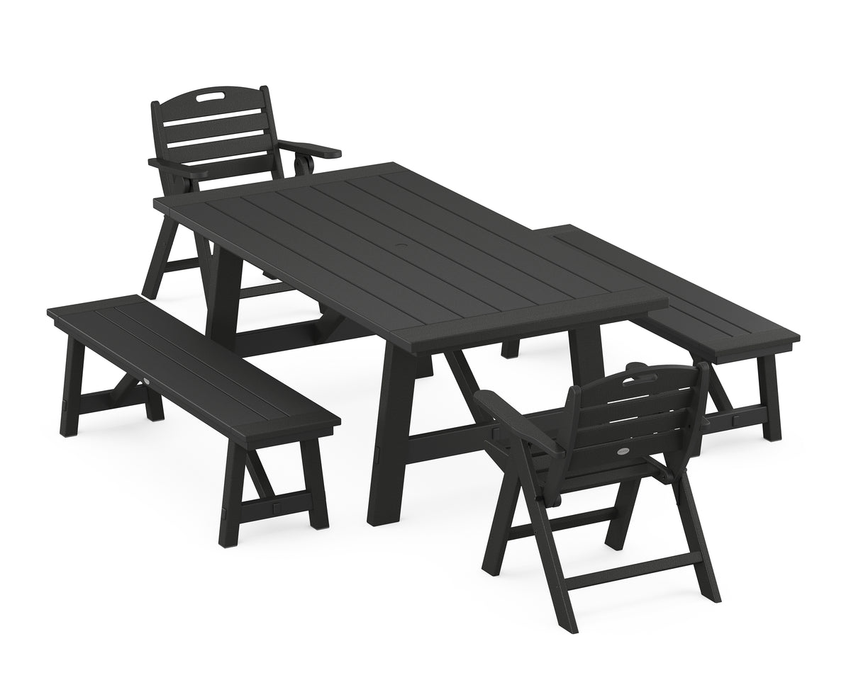POLYWOOD Nautical Folding Lowback Chair 5-Piece Rustic Farmhouse Dining Set with Benches in Black