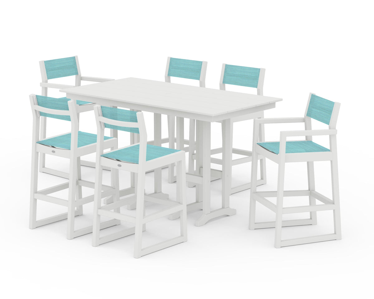 POLYWOOD EDGE Sling 7-Piece Farmhouse Bar Set in White / Dupioni Aquamarine