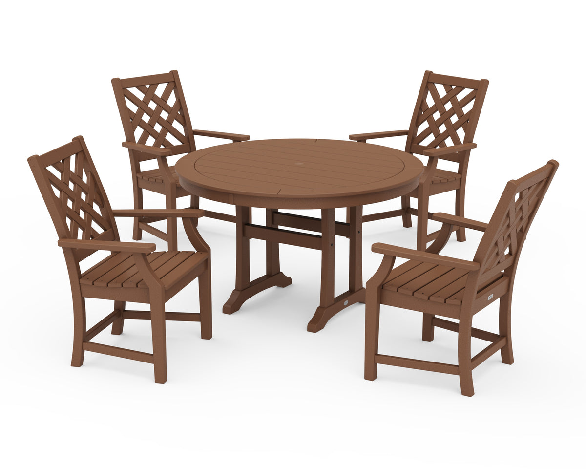 POLYWOOD Wovendale 5-Piece Round Dining Set with Trestle Legs in Teak