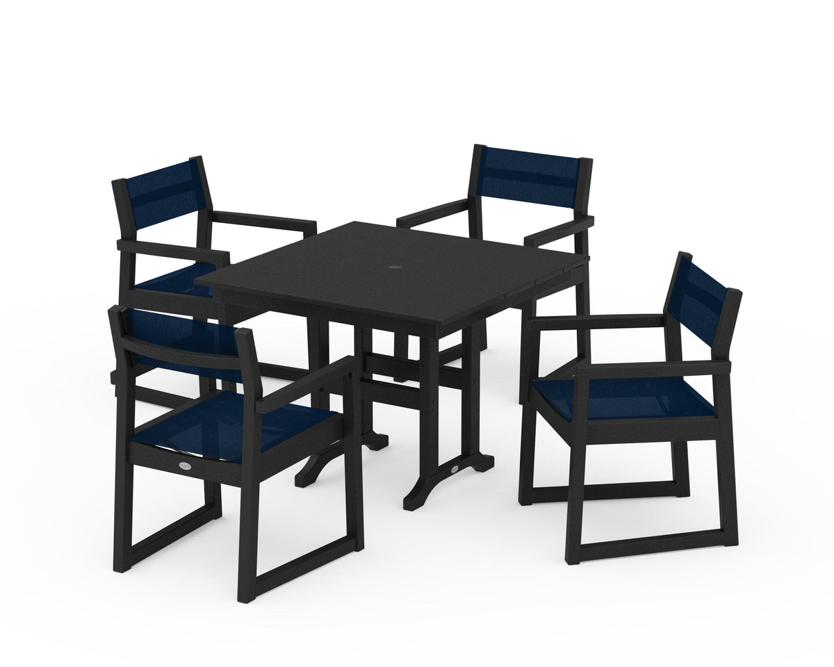 POLYWOOD EDGE Sling Arm Chair 5-Piece Farmhouse Dining Set in Black / Navy Blue