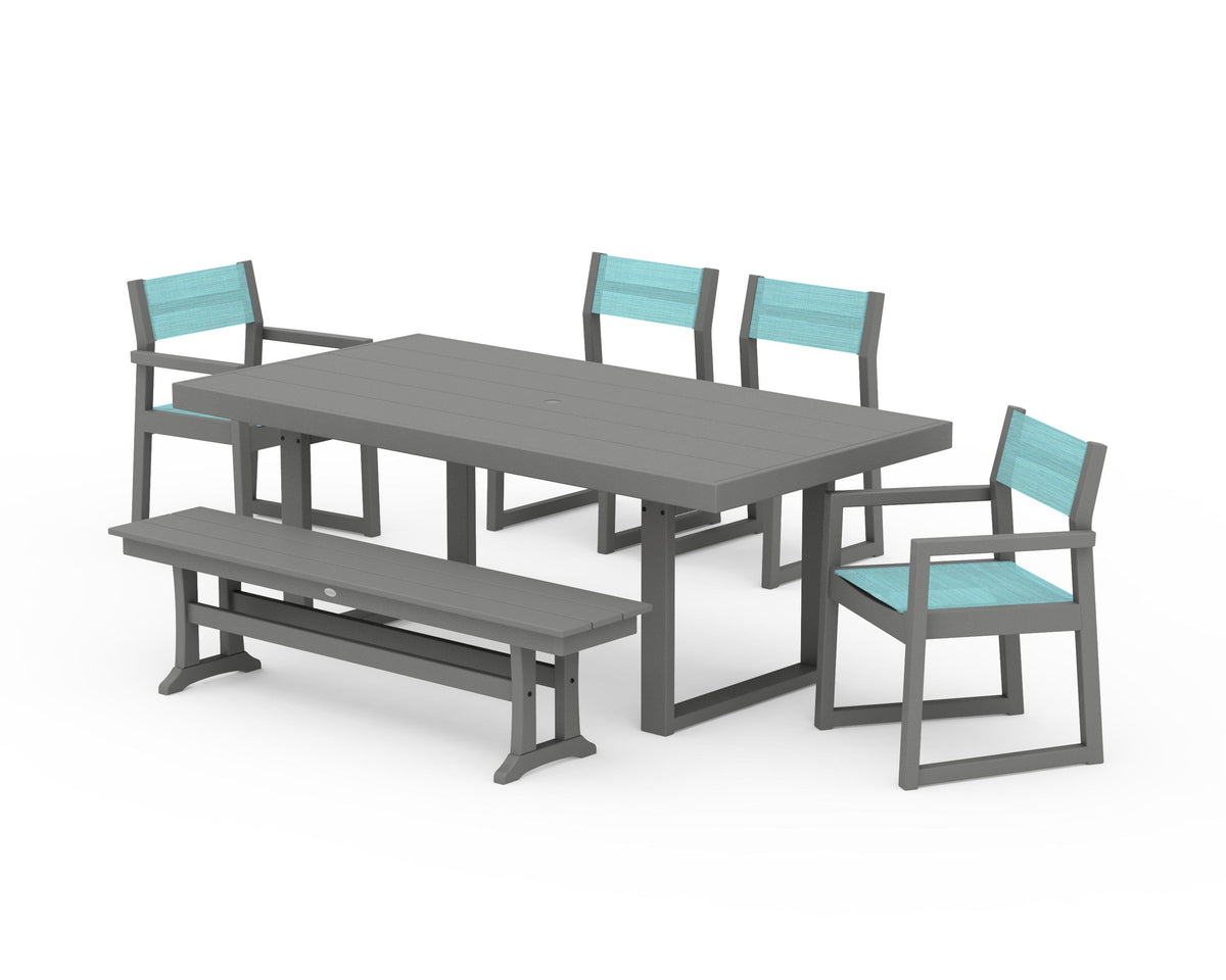 POLYWOOD EDGE Sling 6-Piece Dining Set with Bench in Slate Grey / Dupioni Aquamarine