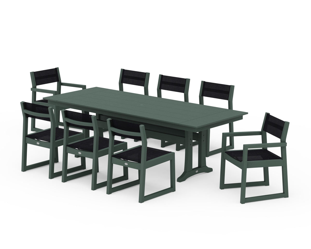 POLYWOOD EDGE Sling 9-Piece Farmhouse Trestle Dining Set in Green / Black