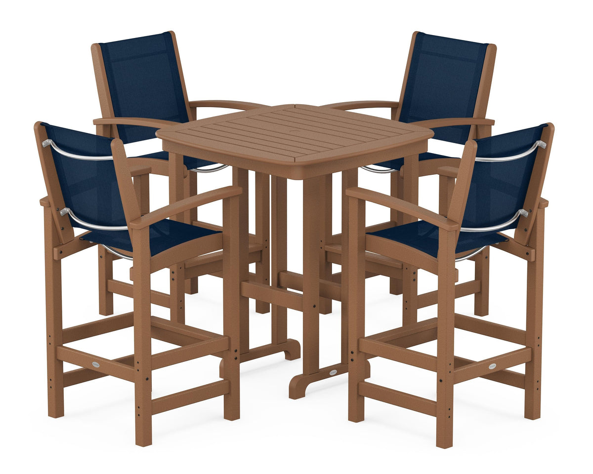 POLYWOOD Coastal 5-Piece Bar Set in Teak / Navy Blue