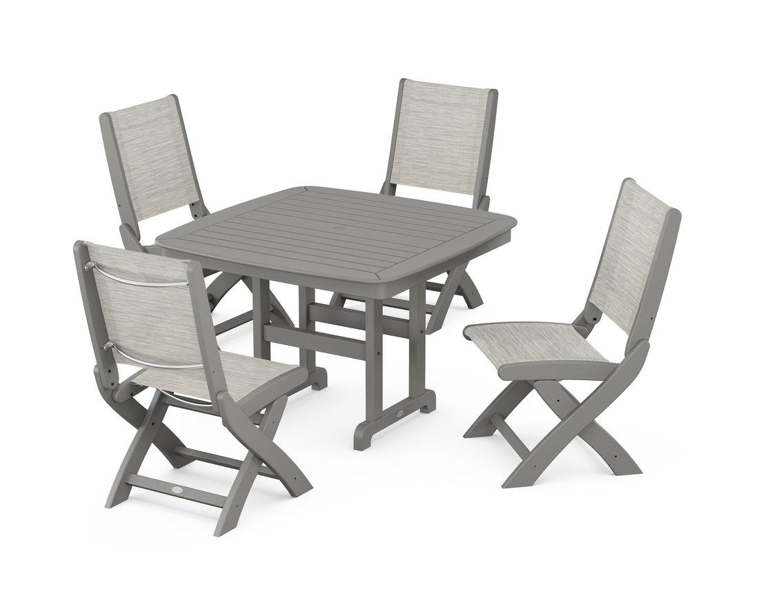 POLYWOOD Coastal Folding Side Chair 5-Piece Dining Set with Nautical 44" Dining Table in Slate Grey / Birch
