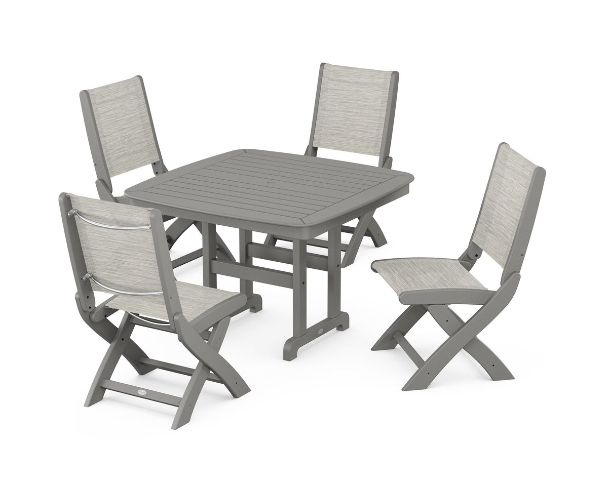 POLYWOOD Coastal Folding Side Chair 5-Piece Dining Set with Nautical 44" Dining Table in Slate Grey / Birch