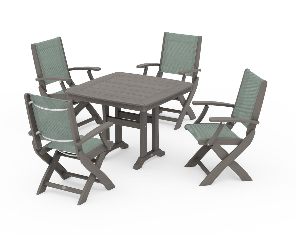 POLYWOOD Coastal Folding Chair 5-Piece Dining Set with Trestle Legs in Driftwood / Dupioni Sea Mist