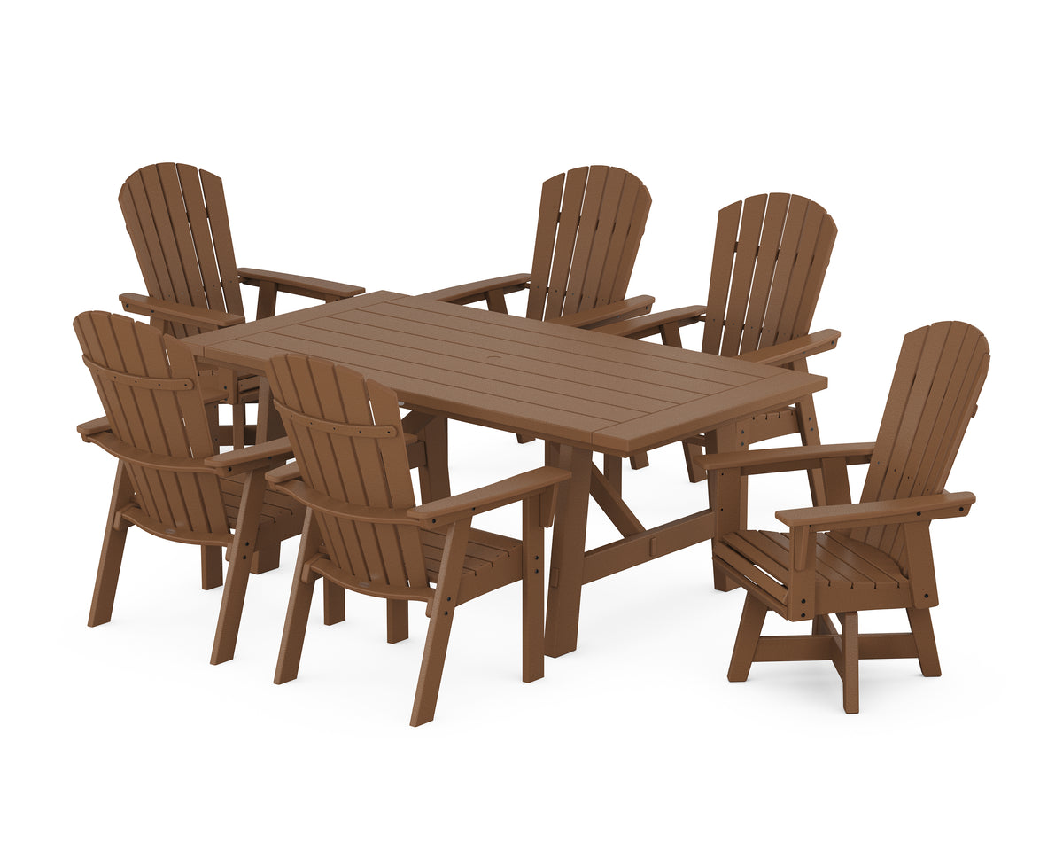 POLYWOOD Nautical Curveback Adirondack Swivel Chair 7-Piece Rustic Farmhouse Dining Set in Teak