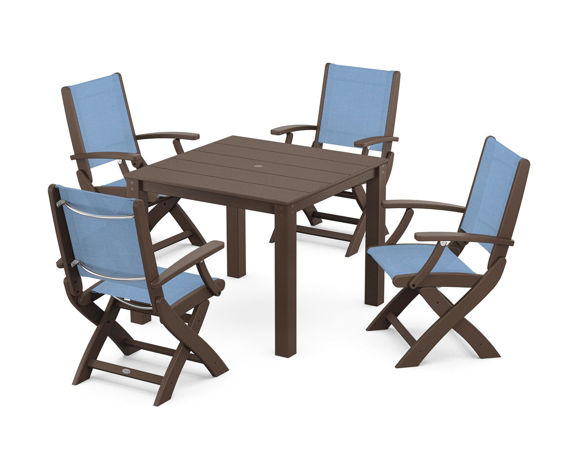 POLYWOOD Coastal Folding Chair 5-Piece Parsons Dining Set in Mahogany / Poolside