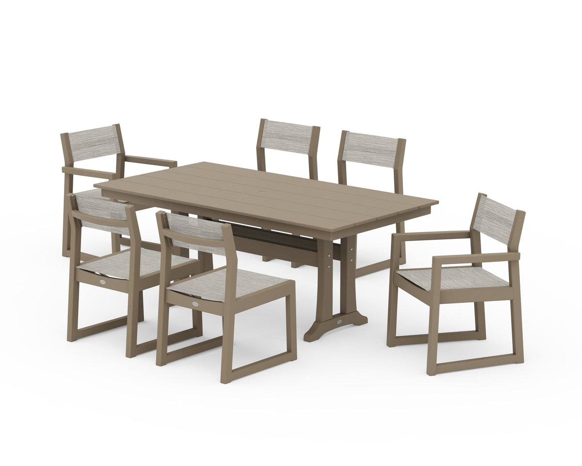 POLYWOOD EDGE Sling 7-Piece Farmhouse Trestle Dining Set in Vintage Sahara / Birch