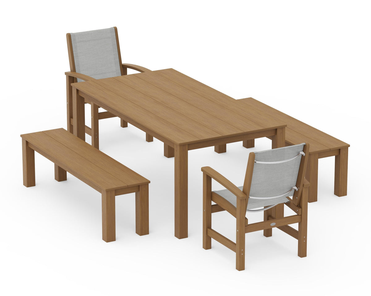 POLYWOOD Coastal 5-Piece Parsons Dining Set with Benches in Natural / Metallic