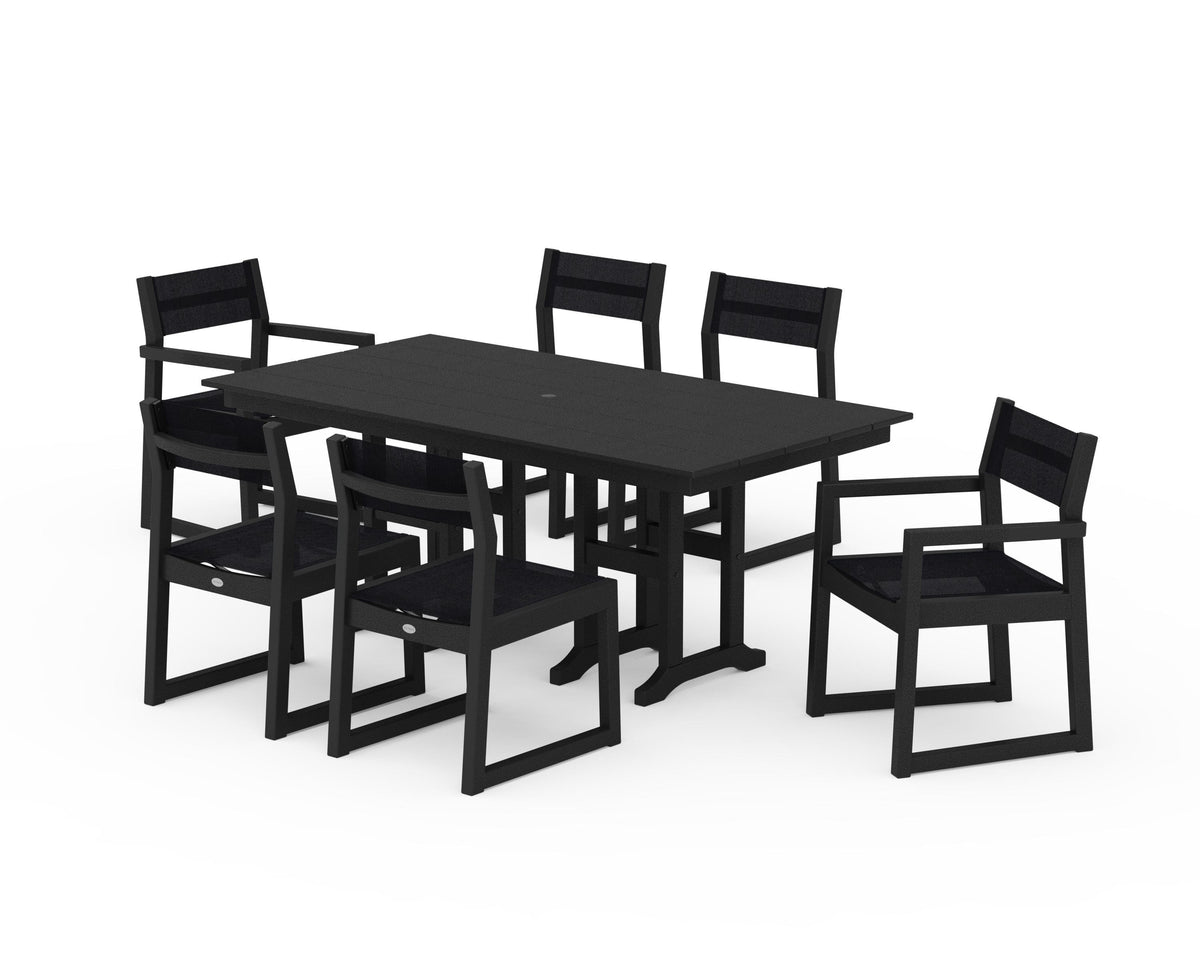 POLYWOOD EDGE Sling 7-Piece Farmhouse Dining Set in Black / Black