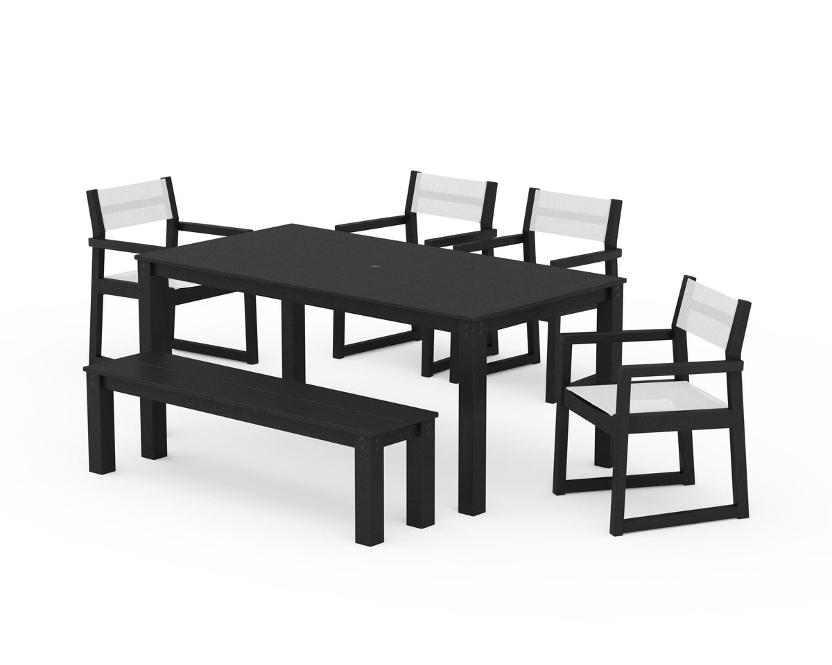 POLYWOOD EDGE Sling Arm Chair 6-Piece Parsons Dining Set with Bench in Black / White