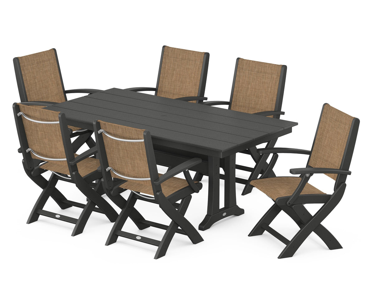 POLYWOOD Coastal Folding Arm Chair 7-Piece Farmhouse Dining Set with Trestle Legs in Black / Burlap