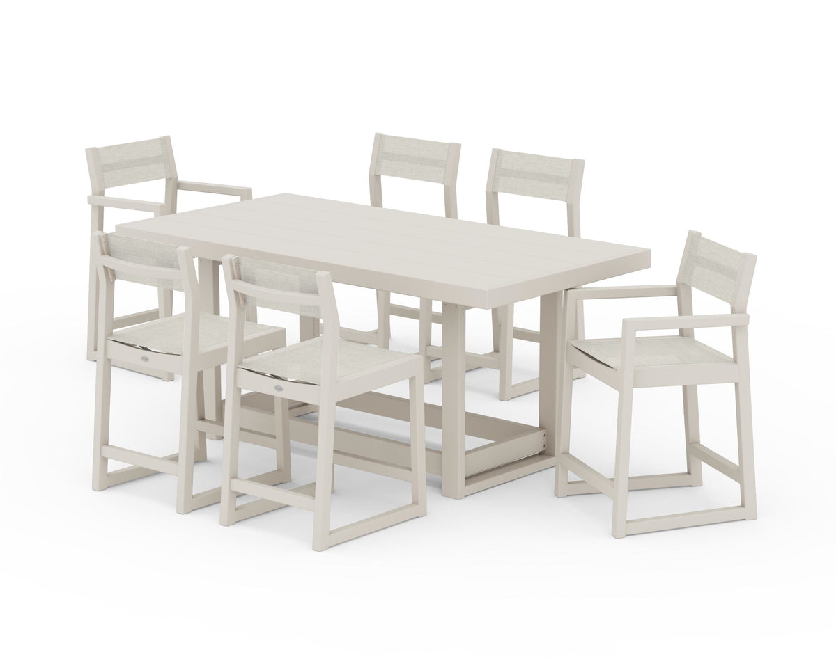 POLYWOOD EDGE Sling 7-Piece Counter Table Set in Sand / Parchment
