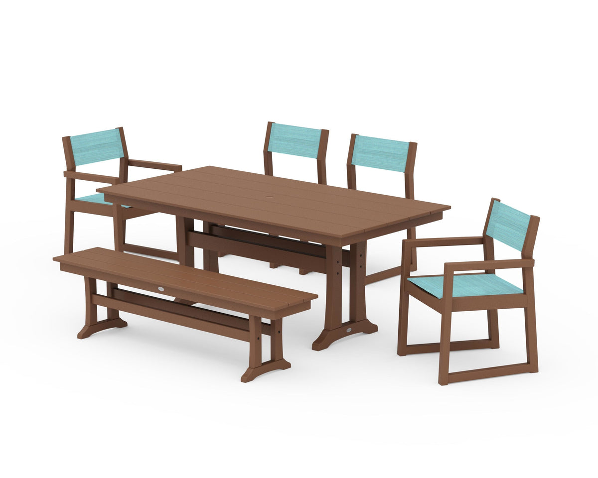 POLYWOOD EDGE Sling 6-Piece Farmhouse Dining Set With Trestle Legs in Teak / Dupioni Aquamarine