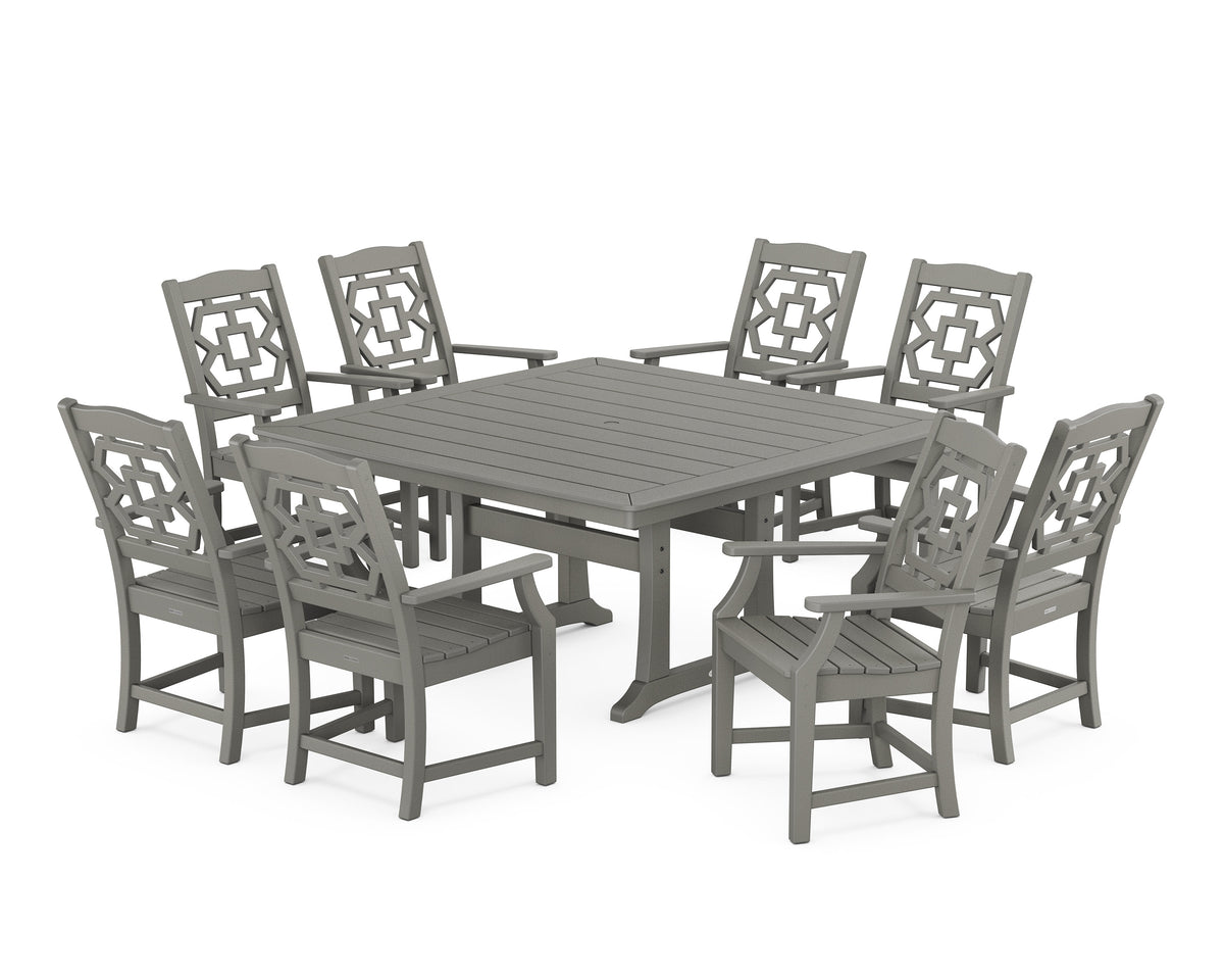 POLYWOOD Chinoiserie 9-Piece Square Dining Set with Trestle Legs in Slate Grey