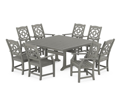 POLYWOOD Chinoiserie 9-Piece Square Dining Set with Trestle Legs in Slate Grey